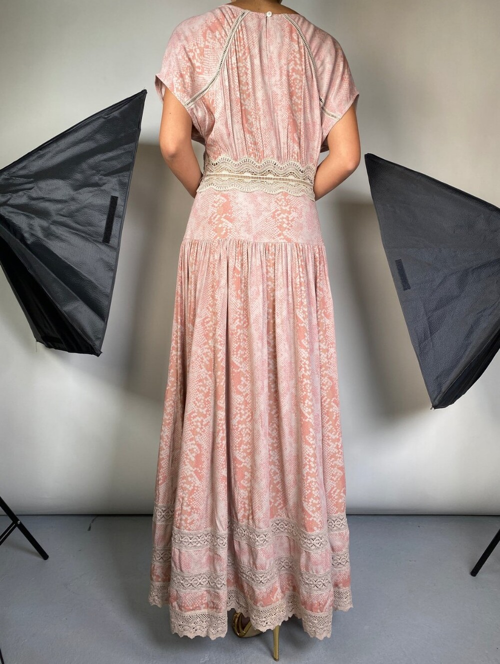 Boho Maxi Dress in Blush Pink with Lace Trim 2 - Picture 12 of 13
